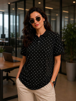 LEOTUDE - Women Black Printed Polo Neck T-shirt