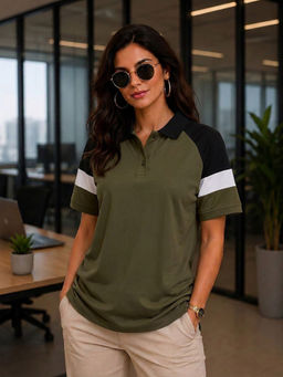 LEOTUDE - Women Olive Colorblock Polo Neck T-shirt