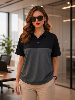 LEOTUDE - Women Black-Grey Polo Neck T-shirt