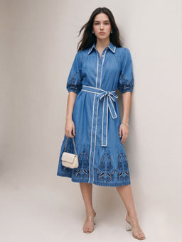 Outzidr - Women Blue Embroidered Puff Sleeve Blue Flare Dress with Belt