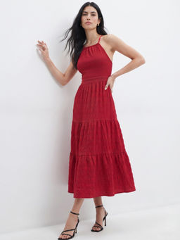 Outzidr - Women Red Halter Neck Textured Tiered Dress