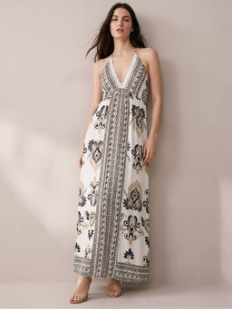 Outzidr - Women Off White Halter Neck Printed Dress