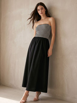 Outzidr - Women Black Tube Striped Flared Dress