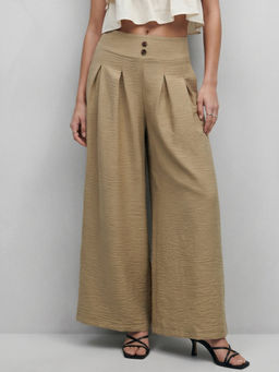 Outzidr - Women Beige Solid Wide Leg Trouser