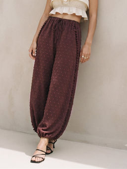 Outzidr - Women Brown Textured Side Slit Harem Pant