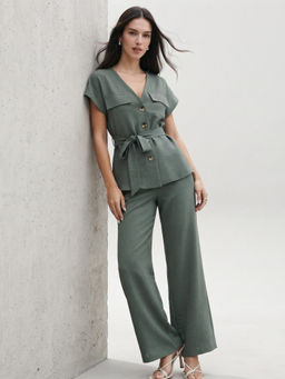 Outzidr - Women Green Waist Tie-Up Co-Ord Set