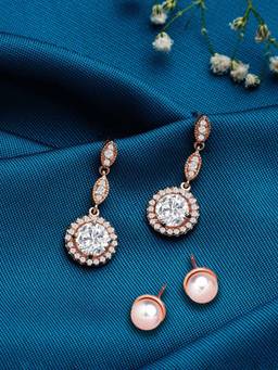 Zaveri Pearls - Set of 2 Rose Gold Cubic Zirconia Contemporary Drop Earrings-ZPFK13450