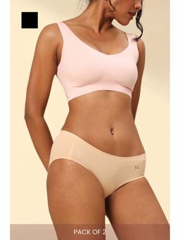 Krvvy - Women Cream and Black Low-Rise Seamless Hipsters (Pack of 2)