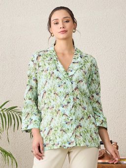 First Resort by Ramola Bachchan - Women Mint Green Bird Print Shirt