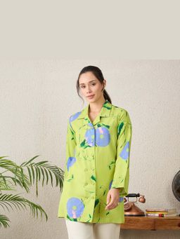 First Resort by Ramola Bachchan - Women Lime Green Abstract Printed Jacket Shirt