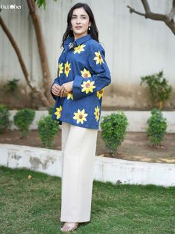 October - Deep Sea Cotton Shirt with Handpainted Sunflowers