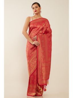 Soch - Women Red Woven Saree with Stitched Blouse