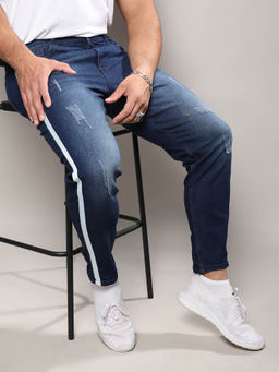 Instafab Plus - Men'S Navy Blue Side-Striped Denim Jeans