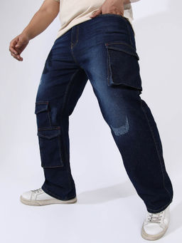 Instafab Plus - Men'S Dark Blue Utility Cargo Denim Jeans