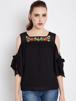RARE - Women Black Solid Cold-shoulder Top