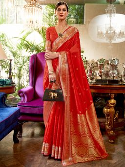 Odette - Women Silk Blend Red Woven Design Saree with Unstitched Blouse
