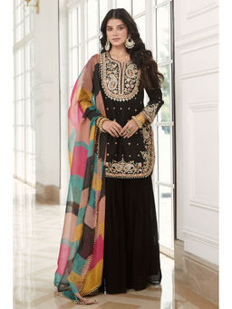 Basanti Kapde aur Koffee - Black Embroidered Kurta and Sharara with Dupatta (Set of 3)