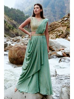 Paulmi & Harsh - Luxe Blue Geometric Print Pre Draped Saree with Stitched Blouse