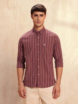 U.S. Polo Assn. Denim Co. - Men's Vertical Striped Legend Of Horseshoe Shirt-Maroon