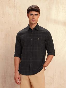 U.S. POLO ASSN. - Men's Comfortable Fit Windowpane Checked Shirt-Brown