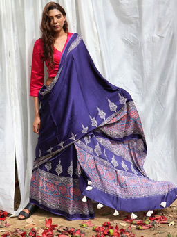 Chidiyaa - Kite Blue Modal Silk Blockprinted Saree