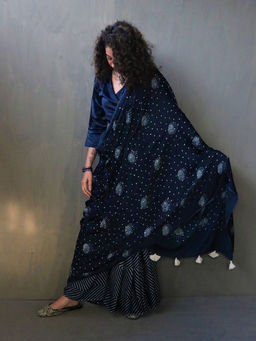 Chidiyaa - Blue Luna Block Printed Modal Silk Saree