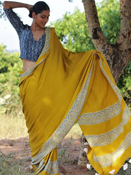 Chidiyaa - Rang Mustard Blockprinted Modal Silk Saree