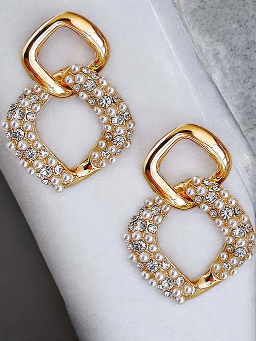 OOMPH Gold Tone Crystal and Pearls Link Fashion Drop Earrings