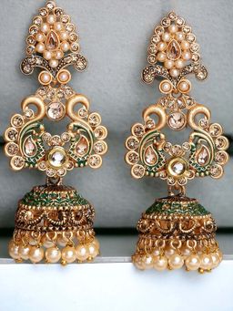 OOMPH - Jewellery Green Meenakari Enamel Kundan Peacock Shape Jhumka Earrings