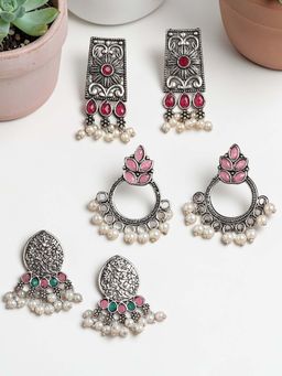 OOMPH - Combo of 3 Oxidised Silver Pink, Green & Maroon Stones Drop Earrings