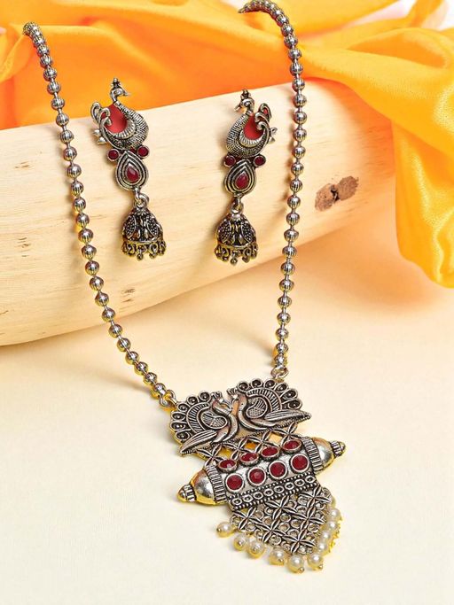 OOMPH Oxidised Silver Look Alike Maroon Stones Peacock Design Long Ethnic Necklace Set