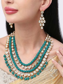 OOMPH - Green Kundan & Pearls Heavy Multi Layer Ethnic Mala Necklace Set