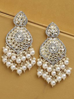 OOMPH - Gold Tone Kundan & Pearls Jadau Large Ethnic Drop Earrings for Women & Girls