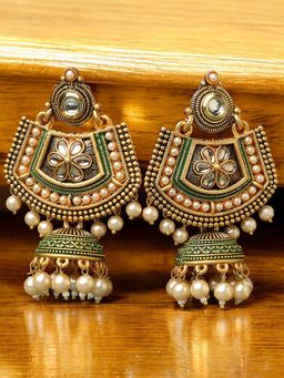 OOMPH - Green Meenakari & Kundan Pearls Floral Large Ethnic Drop Jhumka Earring