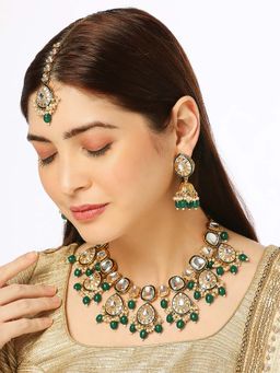 OOMPH - Green Meenakari & Kundan Beads Necklace Set with Jhumka Earrings & Maangtikka