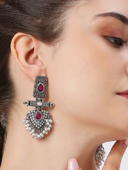 OOMPH - Oxidised Silver Ethnic Drop Earrings-Silver Look Alike