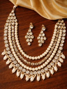 OOMPH - Gold Kundan & Pearls Necklace Set Multi Layer Ethnic Mala Long Necklace Set