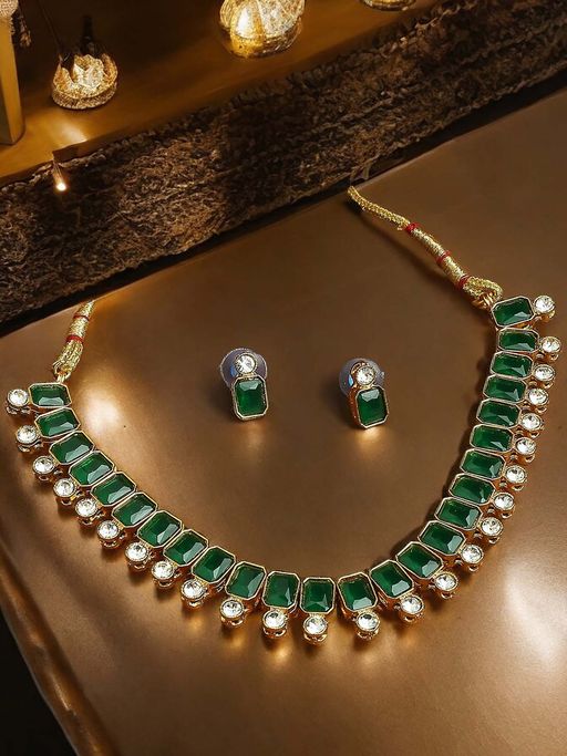 OOMPH Green Stones Jada Ethnic Choker Necklace Set With Stud Earrings