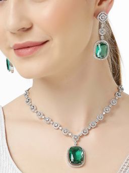 OOMPH - Green American Diamond Large Rectangle Drop Pendant Necklace Set with Earrings