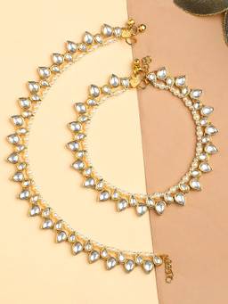 OOMPH - Gold Tone Kundan Pearl Ethnic Payal Anklets for Women