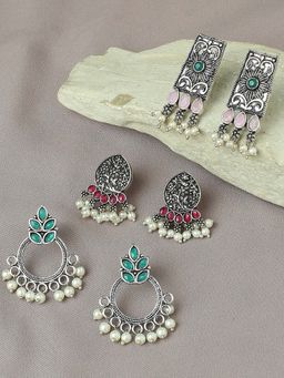 OOMPH - Combo of 3 Oxidised Silver Ethnic Drop Earrings - Pink, Green & Maroon Stones