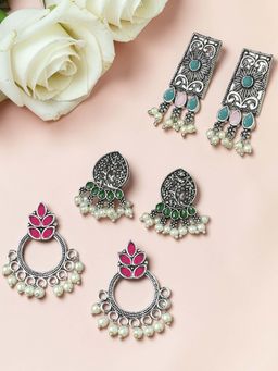 OOMPH - Combo of 3 Oxidised Silver Ethnic Drop Earrings - Pink, Maroon & Green