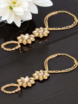 OOMPH - Combo Of 2 Gold Tone Hathphool Hathpanja Bracelet with Ring - Pearls and Kundan