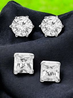 OOMPH - Combo Of 2 Silver Tone Small Round And Square Cubic Zirconia Stud Earrings