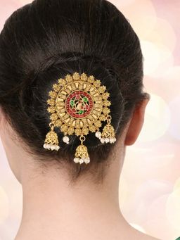 OOMPH - Gold Ethnic Hair Bun Pin Juda Pin - Kempu Stones - Peacock Design