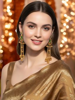 OOMPH - Long Kashmiri Drop Earrings - Peacock Design with Ghungroo Detailing