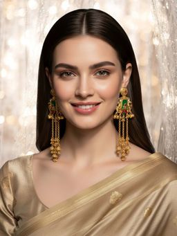 OOMPH - Long Kashmiri Drop Earrings - Peacock Design with Ghungroo Detailing