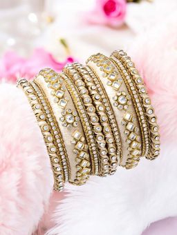 OOMPH - Light Gold Bridal Chuda Bangle Set With Silk Thread and Kundan (Pack of 10) (2.6)