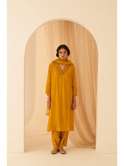 Janki India - Mustard Chanderi Bullion Knot Embroidery Kurta with Pant and Dupatta (Set of 3)