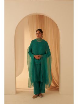 Janki India - Ocean Turquoise Chanderi Pintuck Pleats Kurta with Pant and Dupatta (Set of 3)